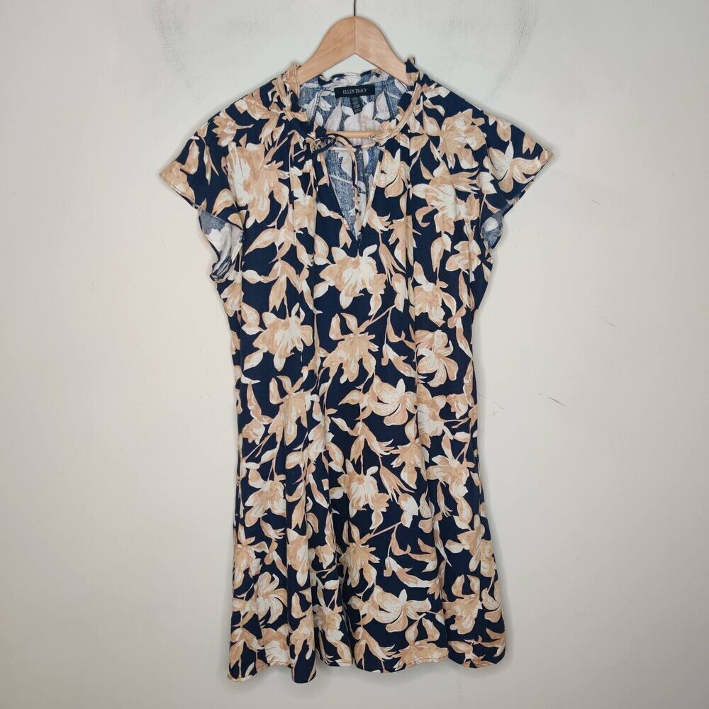 Ellen Tracy Linen Blend Floral Dress Pockets‎ Blue Brown